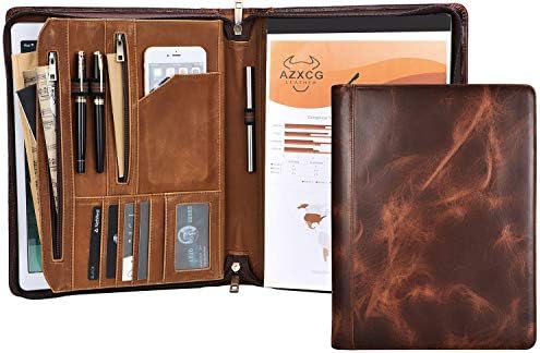 AZXCG Leather Business Portfolio, Business Resume Padfolio, Zippered Folio Folder, Legal Pad Portfolio Case, Professional Organizer for A4 Notebook, Office Gifts for Men, Oil Wax