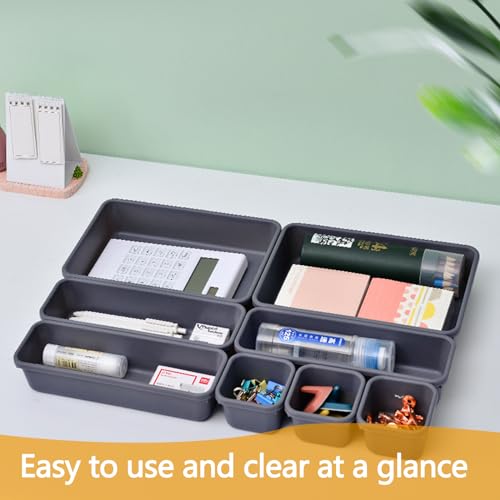 8Pcs Drawer Organiser - Interlocking Drawer Dividers Plastic Storage Trays, 3 Sizes Uncluttered Storage Drawer Tidy Trays Dividers for Kitchen Office Desk Make-Up Stationery Bathroom Jewellery (Grey) - Image 4