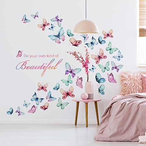 Mfault Girls Butterfly Be Your Own Kind of Beautiful Inspirational Quote Wall Decal Sticker, Watercolor Positive Saying Decorations Bedroom Living Room Art, Motivational Home Kitchen Blue Purple Decor