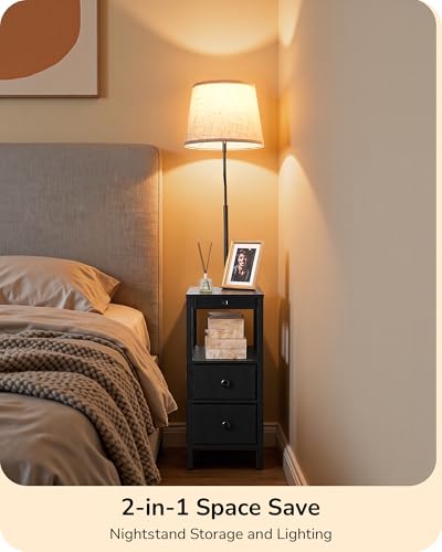 Image of EDISHINE Floor Lamp with Table, Dimmable USB-A+Type-C Ports, Remote, Black | Bulb Included, Dimmable Bedside Floor Lamp with Shelves, Farmhouse Nightstand Light for Living Room, Bedroom, Den, Office