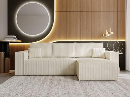 GRAINGOLD Prato XL Canapé d’Angle en L 280x170 cm, Velours côtelé, Convertible et Réversible, avec Coffre de Rangement et Fonction Lit, 4 Places Spacieuses, Style...