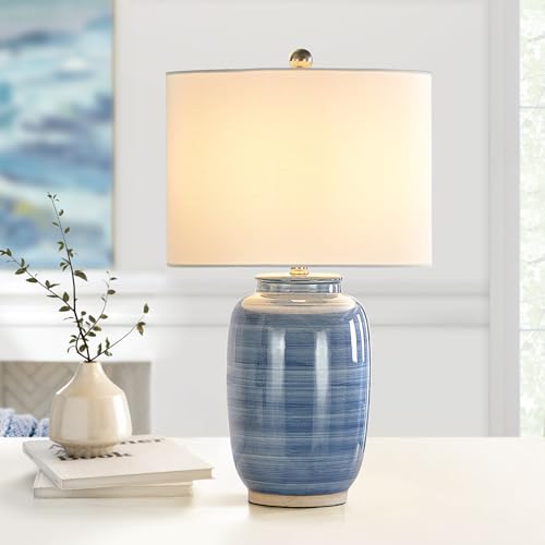 Maxax 25' Blue Table Lamp for Living Room, Modern Ceramic Lamp with White Shade, Coastal Blue Bedside Nightstand Lamp for Bedroom Home Office