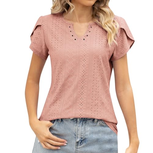 Women's Petal Short Sleeve Shirts Cute Summer Tops Pleated Key Hole Loose Hollow Blouses Women Top (L) Pink