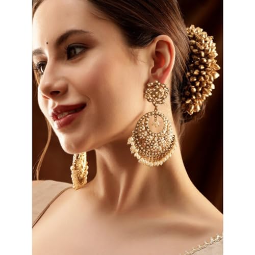 Image of Rubans Chandbali Earrings Kundan Pearl Beads Traditional Wedding Jewellery for Women & Girls