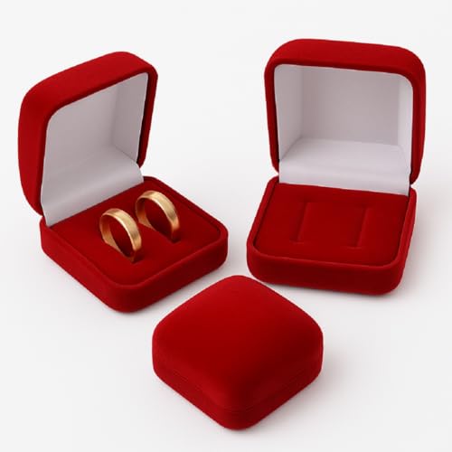 Caixa de Veludo para Alianças e Anéis, Estojo para Joias em Vermelho, Quadrada, Kit com 2 Unidades