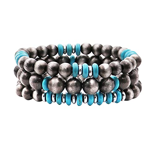 Rosemarie & Jubalee Women's Set of 3 Western Metallic Bead And Howlite Stone Stretch Bracelets, 6.75