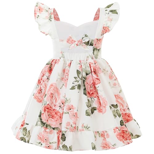 Flofallzique Little Girls Casual Dress Vintage Floral Tie-Back Toddler Easter Sundress (3 Years,Ivory)