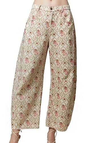 loveimgs Women Vintage Floral Barrel Jeans Flower Print Wide Leg Denim Pants Patchwork Patterned Baggy Jeans Sweatpants Y2k