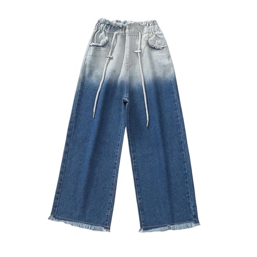 Girls Baggy High Waisted Jeans Gradient Color Tassel Edge Kids Hip Hop Denim Pants Drawstring Aesthetic Elastic3