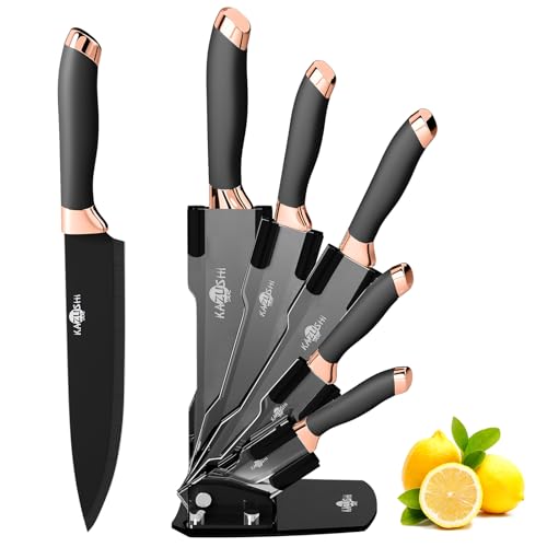 6-teilig Messerset mit Messerhalter, Küchenmesser Set, Profi Messerset mit Block, Edelstahl Messer Set, Knife Set - Matte Schwarz & Roségold