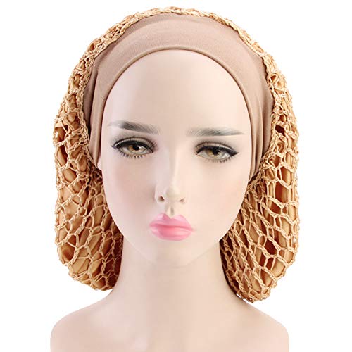 Women's Vintage Full Head Crochet Hair Net Snood Sleep Bonnet Cap Hair Accessories (Khaki) - Thumbnail 2