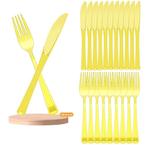 100piezas de cubiertos reutilizables,cubiertos translúcidos,Para Mesas De Comedor Fiestas, vajilla para celebraciones familiares, cena al aire libre (cuchillo/horquilla/50) (amarillo)