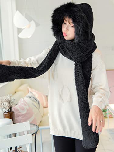 Women's Faux Fur Furry Hood Hat Scarf Gloves 3-in-1 Warm Plush Earflaps Hoodie Cap Fur Collar Winter Hat4
