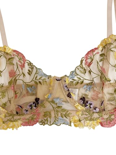 Image of Lilosy Sexy Leaf Floral Embroidered Mesh Sheer Women Underwire Push Up Lingerie Set