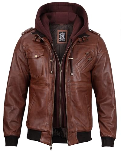 Image of Blingsoul Mens Hooded Leather Jacket with Removable Hood, Biker Style Real Bomber Leather Jacket Men Wind Resistant Outerwear