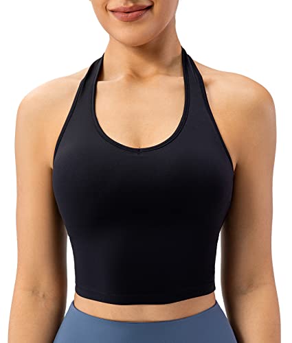 Ukaste Women's Halter Backless Sports Yoga Bra Longline Workout Crop Bras Tops (Black, 8) - Image 3