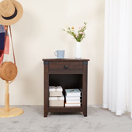 Hoseoka Farmhouse Nightstand With 1 Drawer, Rustic Night Stand Wood Bedside Table Oak End Table Bed Side Table For Living Room Bedroom, 24 Inch Tall Espresso #TOP2