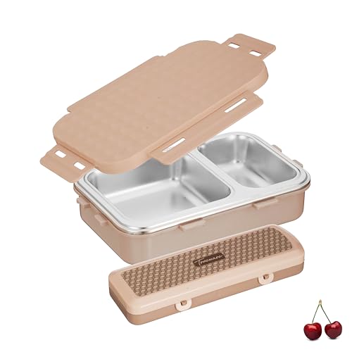 Image of Trueware Crest Lunch Box 2 Compartment Leak-Proof BPA Free Stainless Steel, Lunch Box for Kids, Lunch Box for School & Office with a Spoon, 580 ML (LBK-Crest-Light Brown BAZ)