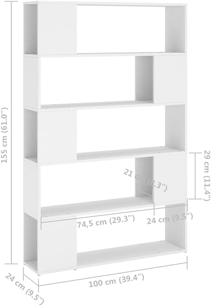 5-Tier Book Cabinet Room Divider, Modern Display Shelf Organizer, Open Storage Unit for Living Room, Bedroom or Office, White Engineered Wood, 39.4x9.4x61.0 Inches