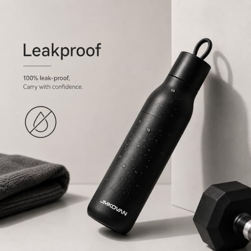 Image of Slim insulated Stainless Steel Water Bottle with Handle, Vacuum Double Wall, Leakproof Lid, Fits Car Cup Holder, Minimalist Design (1-pack)