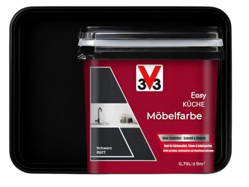 V33 Möbelfarbe Schwarz Matt ohne Schleifen – Für Küche & Bad – 750ml Lack auf Holz, MDF, Kunststoff – Abwischbar & hitzebeständig – Renovierfarbe