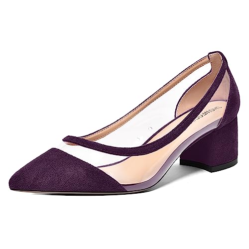 SHOWFOREST Womens Solid Clear Dress Slip On Pointed Toe Suede Dating Chunky Low Heel Pumps Shoes 2 Inch