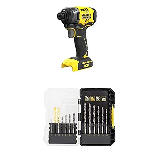 Stanley FatMax 18V Schlagschrauber SFMCF810B (170 Nm, bürstenloser Motor mit Vollmetall-Planetengetriebe, Lieferung ohne Akku und Ladegerät) + Stanley FatMax 13-tlg. Metallbohrer-Set STA88553