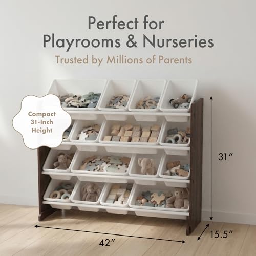 Image of Humble Crew Toy Storage Organizer with 16 Removable Storage Bins for Kids Playroom, 4-Tier Toddler Toy Organization and Storage, Espresso /White