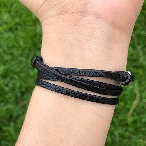 Pulseira de Couro Masculina Preto Com Âncora em Aço Inox