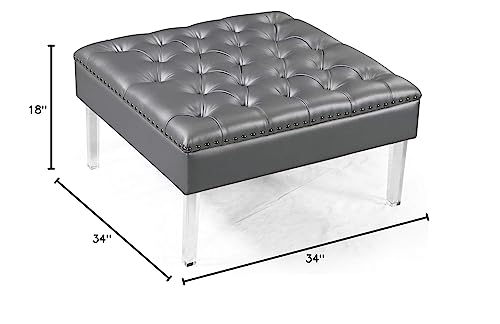 Iconic Home Pierre Square Ottoman Center Table Button Tufted Pu Leather Upholstered Acrylic Legs Modern Transitional Silver #TOP1