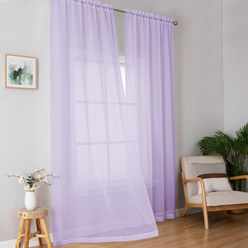 Image of OWENIE Extra Long Sheer Curtains 96 inches Long for Bedroom Living Room, Rod Pocket Light Weight Soft Voile Sheer Curtains, Airy Solid Color Privacy Light Filtering Curtains, Each 42Wx96L inch