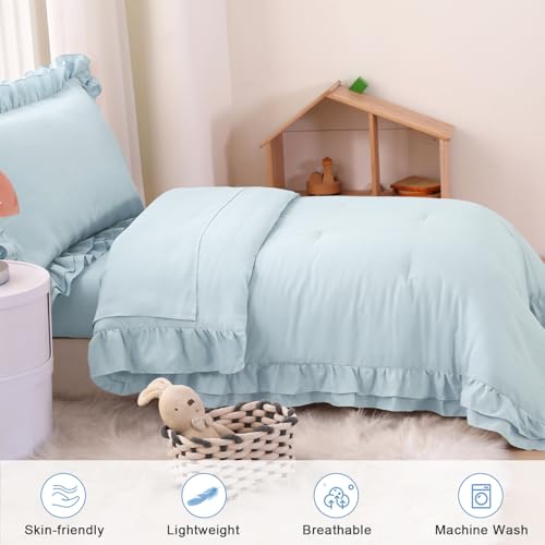 Image of Toddler Comforter for Girls Blue Toddler Bedding Set 4 Pieces Double Ruffles Comforter Sets, Cozy and Tender Bedding Includes Comforter, Fitted Sheet, Flat Top Sheet and Pillowcase, Blue