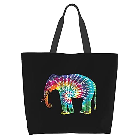 Famame Colorful Tie Dye Elephant Canvas Tote Bag Large Women Casual Shoulder Bag Handbag Reusable Multipurpose Shopping Grocery Bag For Outdoor Cover