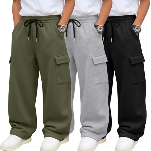LessonZoo 3 Pack Boys Cargo Sweatpants Lightweight Baggy Pants with Pockets Kids Casual Drawstring Wide Leg Joggers 7-16 Y(11-12 Years Black Mixed Gray Army Green)
