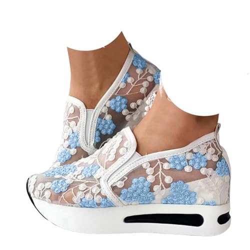 Cute Sneakers for Women Floral Embroidery Breathable Mesh Lace Sneakers Slip on Tennis Shoes Platform Wedge Shoes