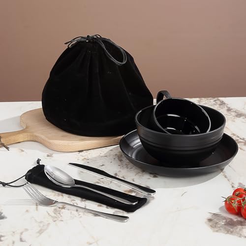 Berglander Campingbesteck Set 1 Stück, Wiederverwendbare Besteck-Sets Messer, Gabel, Löffel, Tassen und Teller und Schüsseln, tragbares Reisebesteck-Set, leicht zu reinigen, spülmaschinenfest