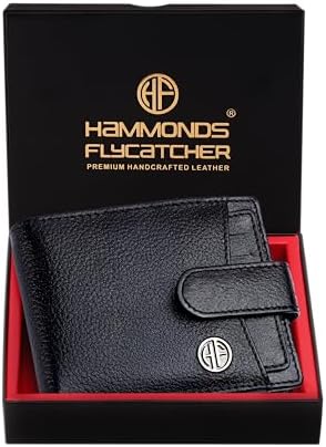 HAMMONDS FLYCATCHER Men Hammond's Flycatcher Genuine Leather Wallet - RFID Protected Leather Purse - 5 Card Slots, Coin & Hidden Pockets, Metal Snap Button - Black