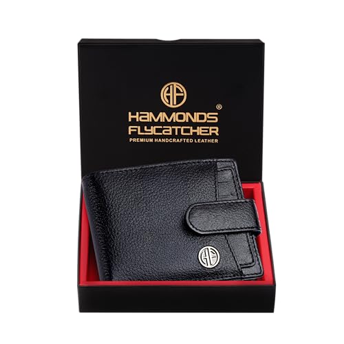 HAMMONDS FLYCATCHER Men Hammond's Flycatcher Genuine Leather Wallet - RFID Protected Leather Purse - 5 Card Slots, Coin & Hidden Pockets, Metal Snap Button - Black