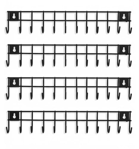 Image of 12 Hooks Wall Mounted Kitchen Utensil Hanger Rack | Heavy Duty Metal Storage Holder for Cooking Tools, Pans & Accessories | Space Saving Organizer for Kitchen & Bathroom (Black, 4 Pc)