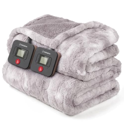 Westinghouse Heated Blanket Queen Size, Faux Fur with 10 Levels, Light Grey