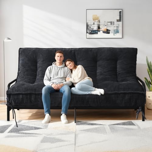 8 Futon Mattress Queen Size Futons Sofa Bed Sleeper Couch Bed Folding Mattress with Shredded Foam & 2 Straps Futon Floor Mattress for Living Room & Guest Room Corduroy (Frame Not Included)