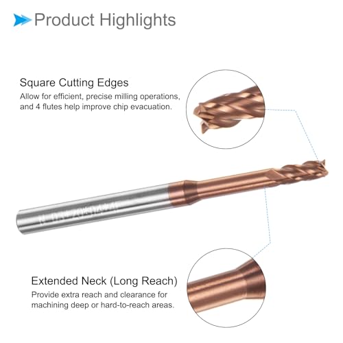 CoCud Vierkantfräser, 3mm x 20mm Schneiden, Langhals, Titan (Nano-Scale) beschichtetes Karbid, 4 Schneiden CNC-Fräser-Bits - (Anwendungen: für Edelstahl, Gusseisen, Metall), 2 Stück