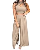 BTFBM Women 2 Piece Outfits Spring Summer Tracksuits Mock Neck Sleeveless Cutout Crop Top Wide Leg Long Pants Sweatsuits(Solid Khaki, X-Large)