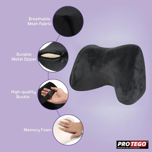 Image of PROTEGO Universal Memory Foam Car Neck Rest Pillow with Washable Velvet Cover | Relieves Neck Pain | Ergonomic Support Orthopedic Cushion Ultra Soft| for All Hatchback SUV Sedan Cars |Black (Curve)