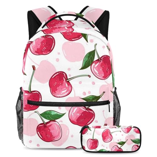 Ensemble cartable mignon rose rouge cerise grand sac à dos étudiant avec trousse