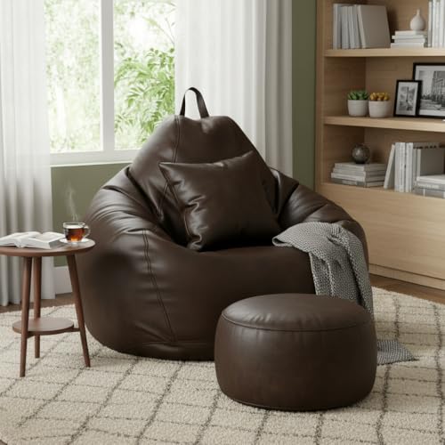 Image of KAM'S LIEU Bean Bag Chair with Footrest & Cushion | Pre-Filled Beans | PVC Leatherette Lounger Sofa | Indoor & Outdoor Bean Bag | 6 Months Warranty Size & Color- (Brown, XXXXXL, Premium)