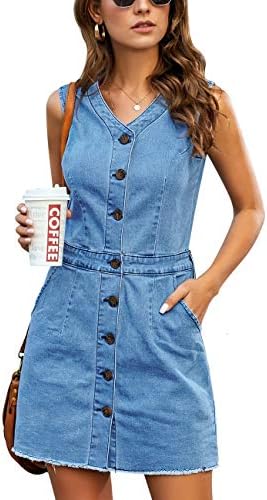 luvamia Women's Casual V Neck Sleeveless Jeans Button Down Denim Short Dresswomen Summer Dresses Vintage Dresses for Women Vintage Dress Womens Spring Dresses Blue Size Medium