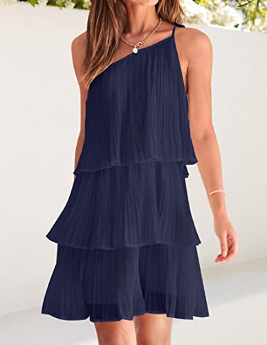 Image of ZESICA Women's Boho Summer One Shoulder Sleeveless Ruffle Tiered Layered Chiffon Pleated A Line Flowy Mini Dress