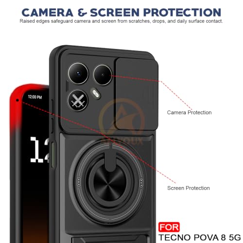 Image of Tecno Pova 8 5G Back Cover | Armor Camera Slider 360 Degree Rotating Finger Ring Holder Case with Bracket Stand Back Case Cover (Compatible with MagSafe Accessories) (Black)