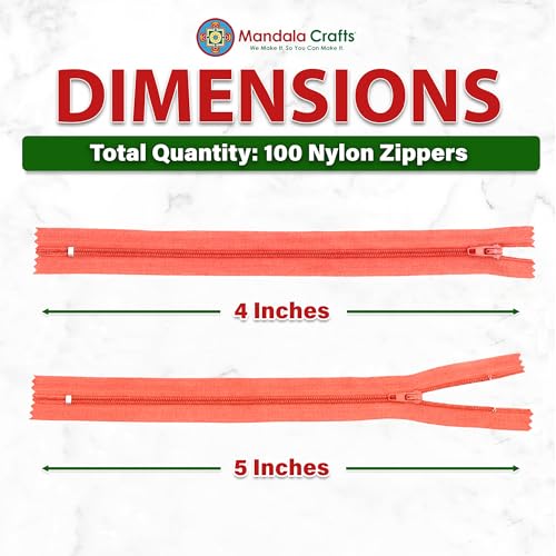 Image of Mandala Crafts 100 PCs Coral Closed-End 4 Inches Nylon Zippers for Sewing | Colorful, Bulk Sewing Supplies, For Tailor Clothing Fabric Leather, Washable, Indoor & Outdoor, Coin Purses, Pouches